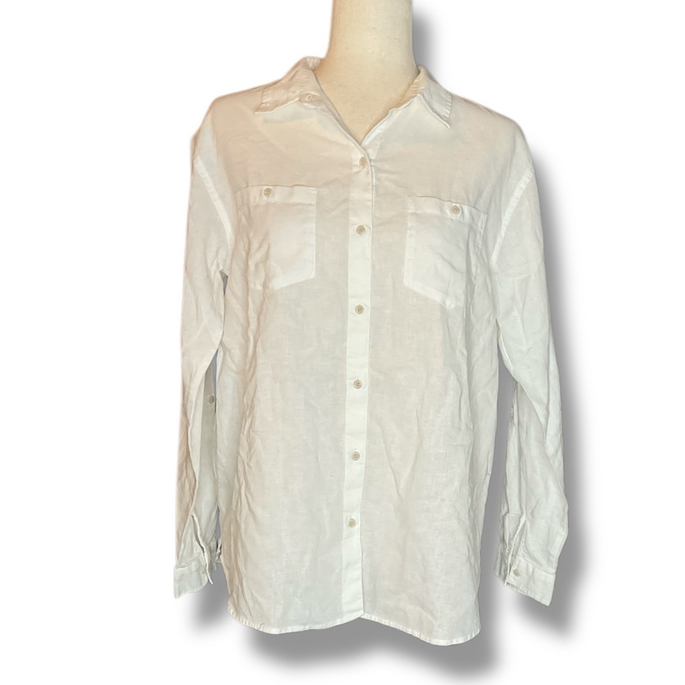 Eddie Bauer White Linen Cotton Blend Collared Button Up Shirt Size Small - Picture 2 of 7